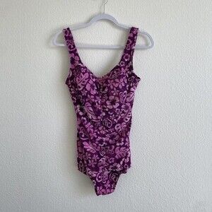 Maxine One Piece Swimsuit Womens Size 12 Pink Purple Ruched Hawaiian Floral